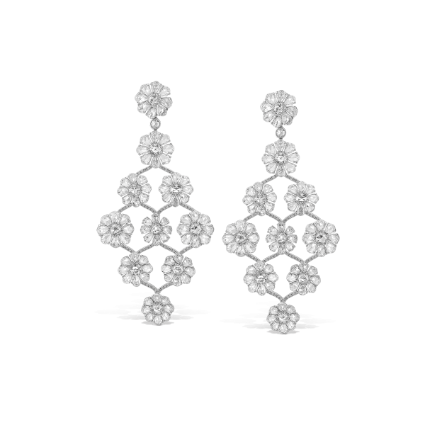 Rose Cut Diamond Floral Cluster Drop Earrings; featuring 11.52 carats of round and pear-shaped rose-cut diamonds accented with 247 round brilliant-cut diamonds, all choreographed into an orchid of cascading roses