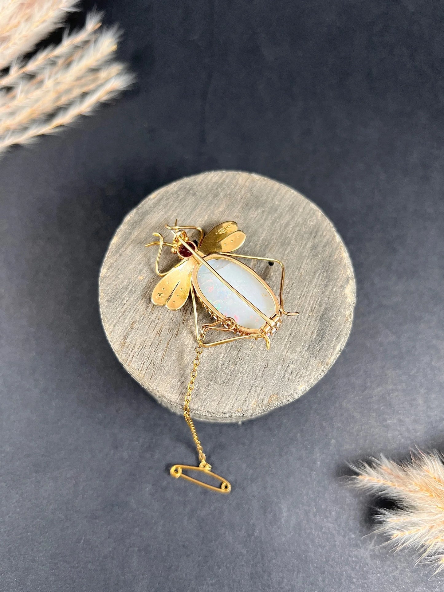 Antique 15 Carat Gold Edwardian Almandine Garnet, Opal And Pearl Insect Brooch