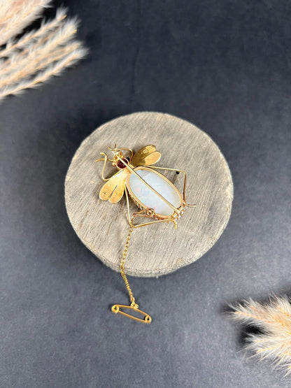 Antique 15 Carat Gold Edwardian Almandine Garnet, Opal And Pearl Insect Brooch