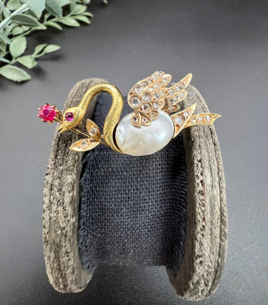 Antique Swan Brooch In 14 Carat Yellow And Rose Gold With Pearl, Rubies And Diamonds