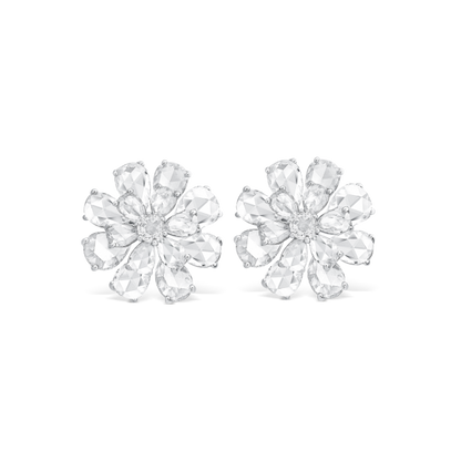 Rose Cut Diamond Floral Cluster Stud Earrings; set with 8.17 carats of pear and high dome-shaped rose-cut diamonds, in 18ct white gold