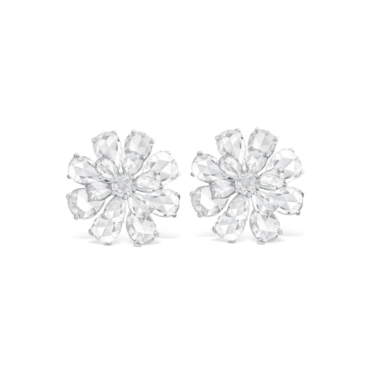 Rose Cut Diamond Floral Cluster Stud Earrings; set with 8.17 carats of pear and high dome-shaped rose-cut diamonds, in 18ct white gold