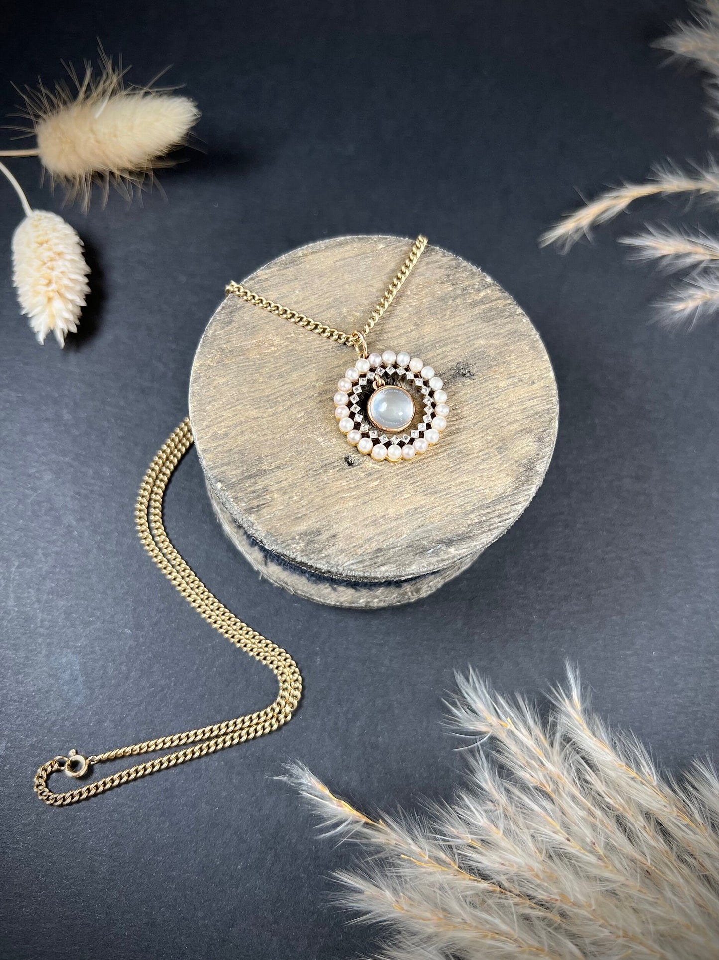 Antique 18 Carat Gold, Platinum, Moonstone, Diamond and Pearl Halo Pendant