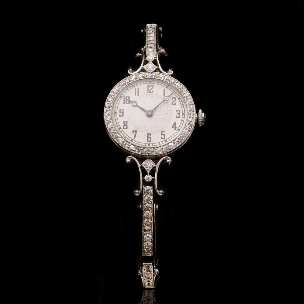 Art Deco Diamond Cocktail Watch by CH Meylan, white gold case and strap set with 1.60 carats of old cut diamonds, manual winding movement, Circa 1920s
