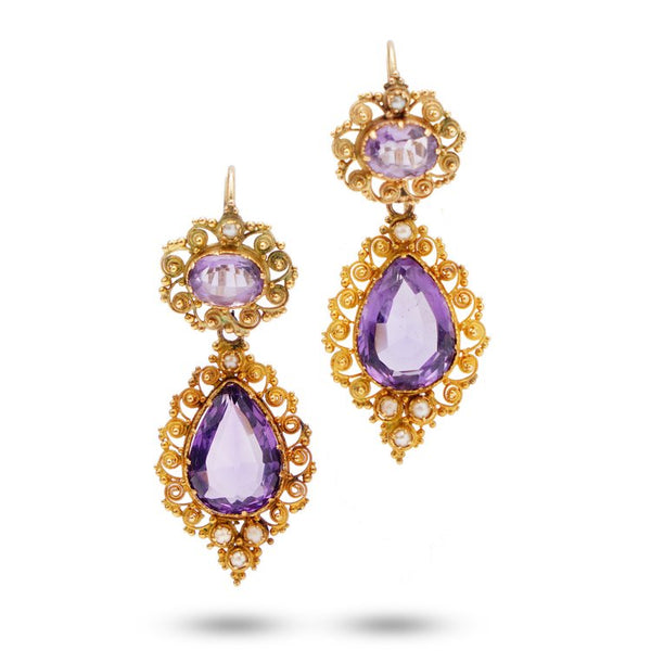 Antique Ornate Amethyst and 18ct Gold Drop Earrings