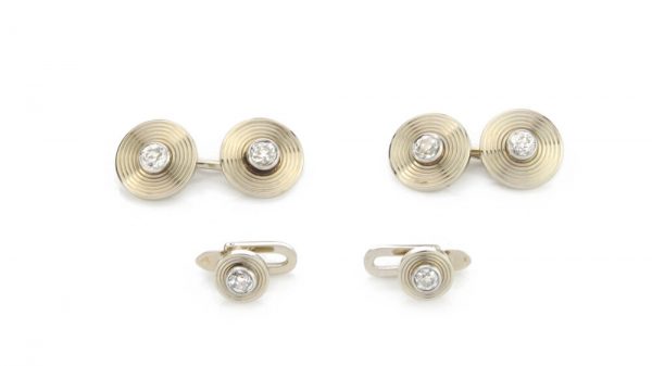 Antique Bvlgari Old Cut Diamond and 18ct Yellow Gold Cufflink and Collar Clip Set, 1.30 carats, in original box. Made in Italy, Circa 1900