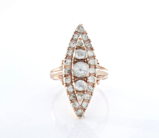 Antique Georgian 2.46ct Rose Cut Diamond Navette Ring; marquise shaped cluster ring set with foil-backed rose-cut diamonds, tests as 15ct gold, Circa 1790