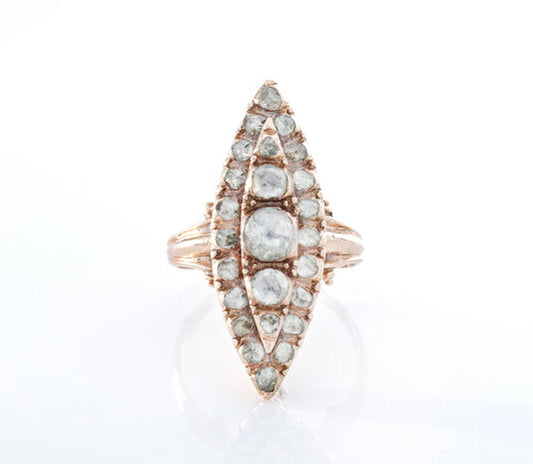 Antique Georgian 2.46ct Rose Cut Diamond Navette Ring; marquise shaped cluster ring set with foil-backed rose-cut diamonds, tests as 15ct gold, Circa 1790