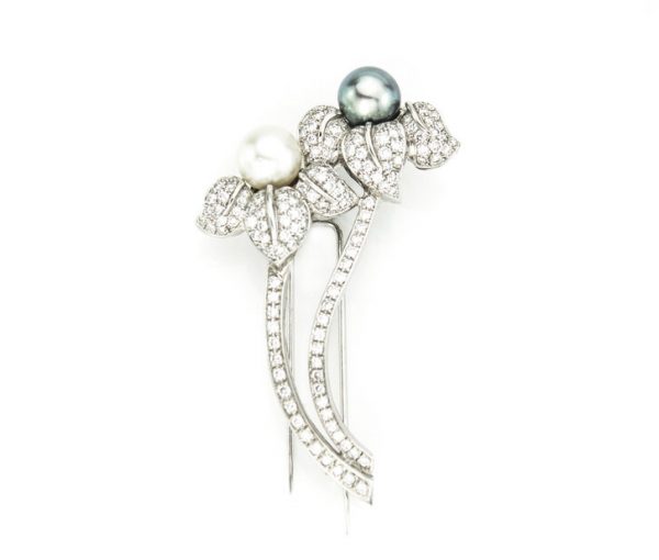 Vintage Natural South Sea and Akoya Pearl and 3ct Diamond Floral Brooch, in 18ct white gold, each pearl estimated 3.00 carats, Circa 1990's