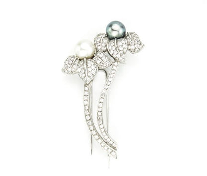 Vintage Natural South Sea and Akoya Pearl and 3ct Diamond Floral Brooch, in 18ct white gold, each pearl estimated 3.00 carats, Circa 1990's