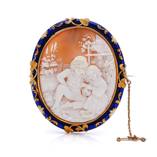 Antique Victorian 15ct Gold Blue Enamel Cameo Brooch