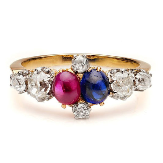 Antique Victorian Cabochon Ruby Sapphire and Old Cut Diamond Ring