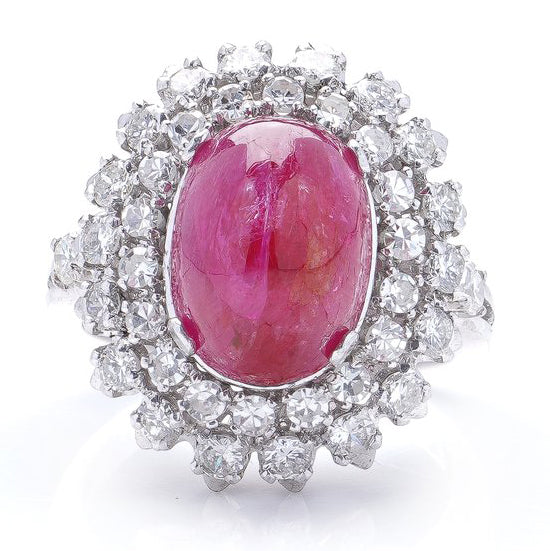 Vintage 6ct Cabochon Natural Ruby and Diamond Double Cluster Ring
