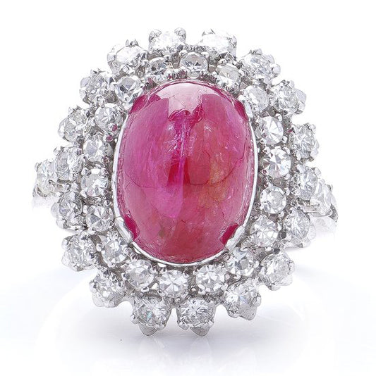 Vintage 6ct Cabochon Natural Ruby and Diamond Double Cluster Ring