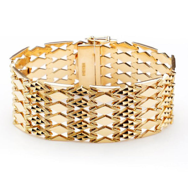 Vintage Italian Fancy Diamond Link Wide Cuff Gold Bracelet