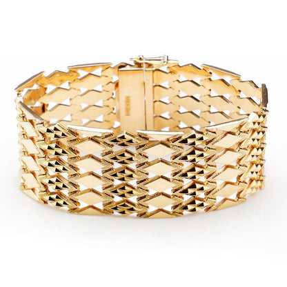 Vintage Italian Fancy Diamond Link Wide Cuff Gold Bracelet
