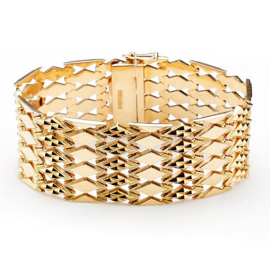 Vintage Italian Fancy Diamond Link Wide Cuff Gold Bracelet