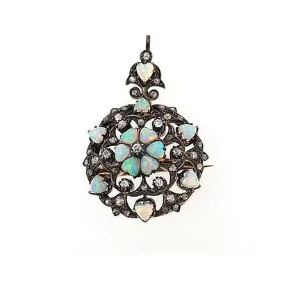 Antique Opal and Old-Cut Diamond Pendant Brooch, Circa 1910