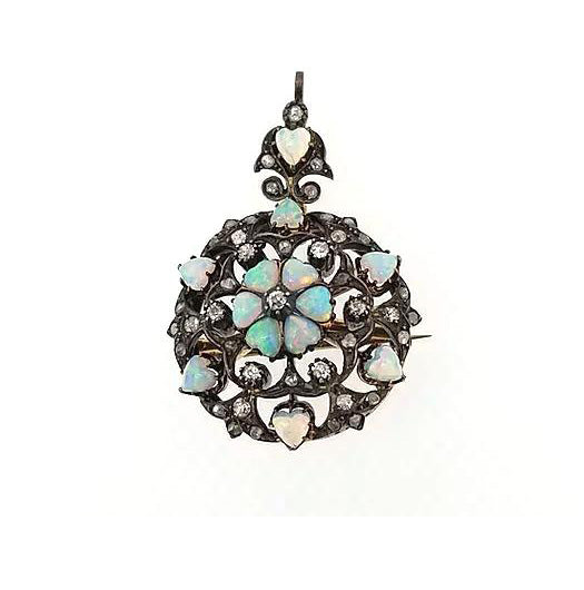 Antique Opal and Old-Cut Diamond Pendant Brooch, Circa 1910