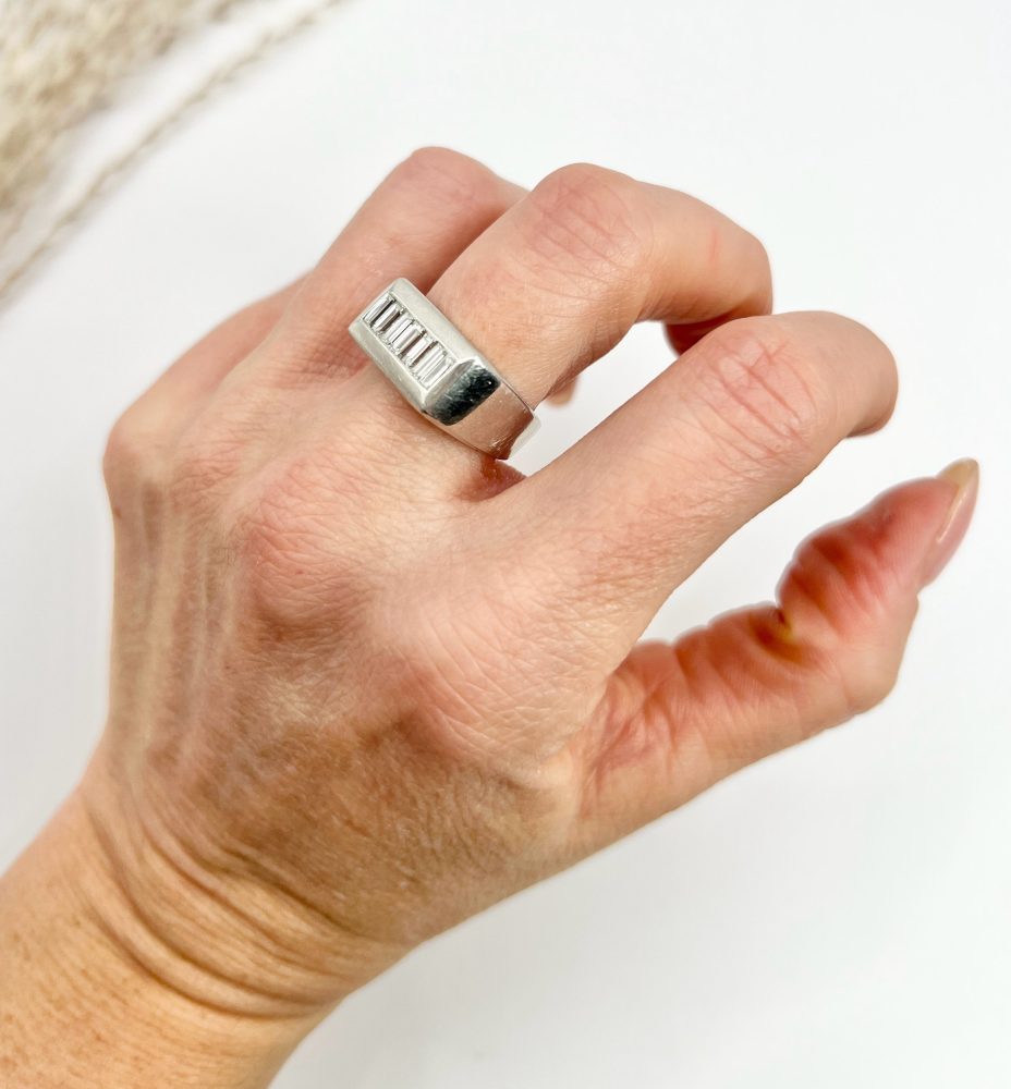 Vintage Diamond Cocktail Tank Ring In Platinum