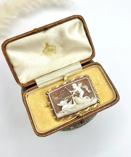 A cherub on a chariot shell cameo brooch pendant mounted in yellow gold, in an antique box