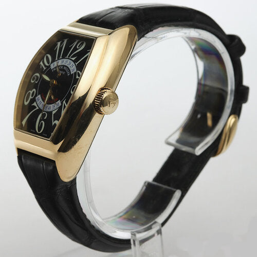 Franck Muller Conquistador 35mm 18ct Rose Gold Automatic Watch; Ref. 8005 DS R, black dial, Arabic numerals, sapphire crystal, two retrograde second indicators, Franck Muller black crocodile strap with 18ct pin buckle, with Franck Muller box.