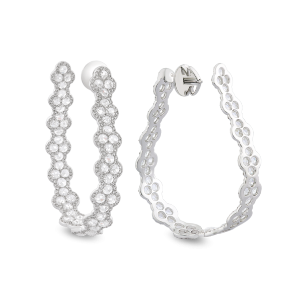 Rose Cut Diamond Hoop Earrings; Crafted from 112 rose-cuts and 540 round brilliant cut diamonds, seamlessly contoured, 7.73 carat total, 18ct white gold