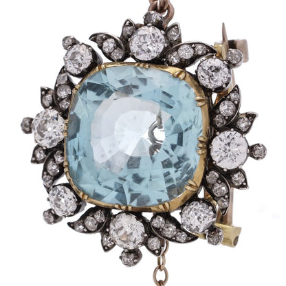 Antique 7.17ct Cushion Cut Aquamarine and Diamond Cluster Pendant come Brooch