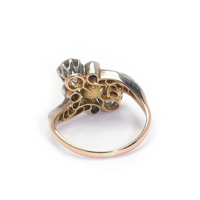 Antique Natural Pearl and Old Cut Diamond Three Stone Crossover Ring