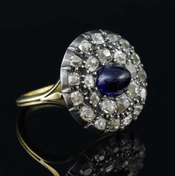 Antique Georgian 2ct Cabochon Sapphire and Diamond Cluster Ring