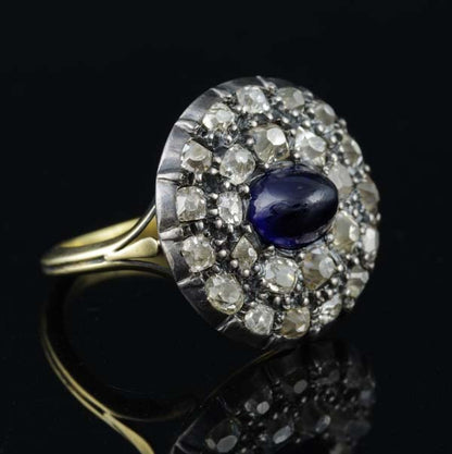 Antique Georgian 2ct Cabochon Sapphire and Diamond Cluster Ring