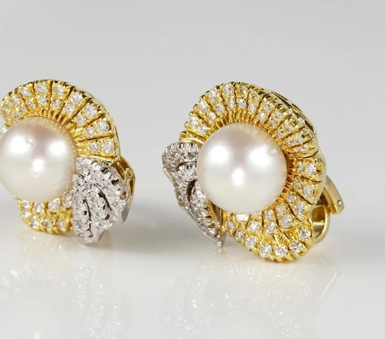 Vintage South Sea Pearl and Diamond Bow Cluster Earrings, 2.40 carats