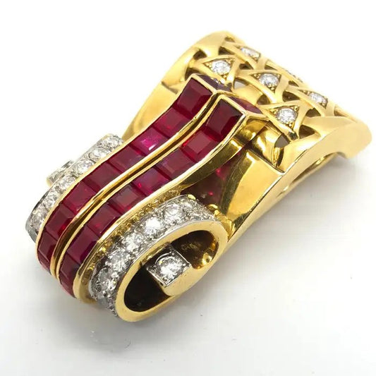 Van Cleef Arpels Retro Ludo Ruby Diamond Gold Clip, Circa 1950s