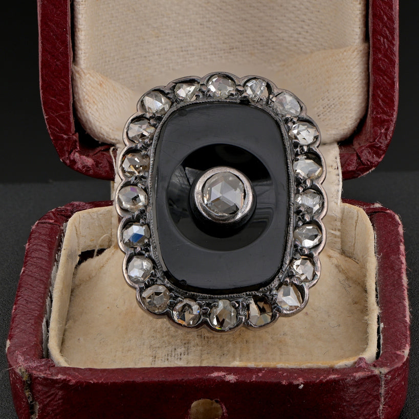 Victorian Antique Rose Cut Diamond and Black Onyx Panel Plaque Ring, 2.10 carat total
