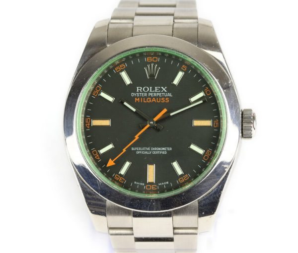 Rolex Milgauss Green Crystal 40mm Stainless Steel Automatic Watch; Ref. 116400GV, black dial with luminous baton hour markers and hands, orange seconds hand, green sapphire crystal, and screw-down crown. On a stainless steel Rolex Oyster bracelet strap with a single deployment clasp