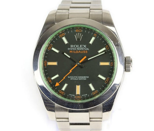 Rolex Milgauss Green Crystal 40mm Stainless Steel Automatic Watch; Ref. 116400GV, black dial with luminous baton hour markers and hands, orange seconds hand, green sapphire crystal, and screw-down crown. On a stainless steel Rolex Oyster bracelet strap with a single deployment clasp