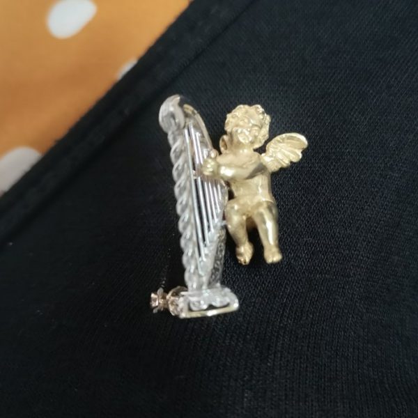 Gold Cherub and Harp Brooch