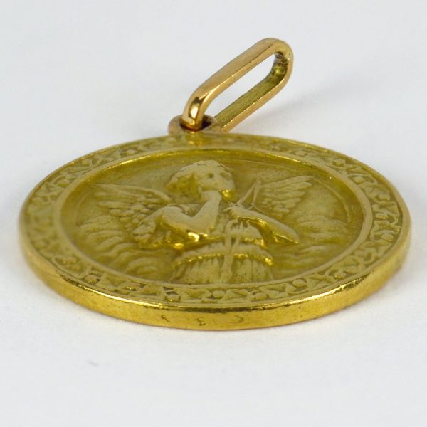 French Cupid and Lovebirds 18ct Yellow Gold Charm Pendant; depicting a thoughtful cupid with bow and arrow to one side, with a pair of lovebirds on a rose branch within a frame of ivy to the reverse, Signed L. Tricard