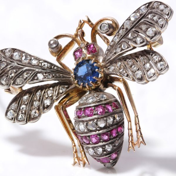Antique Victorian Rose Cut Diamond, Ruby and Sapphire Insect Brooch