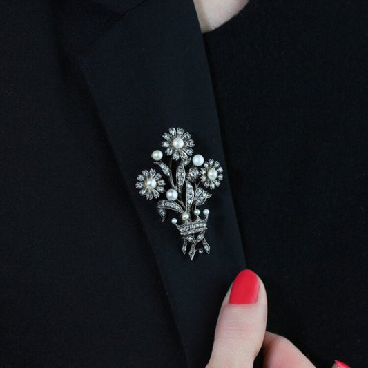 Antique Early Victorian Pearl and Rose Cut Diamond Flower Spray Brooch, 2 carats