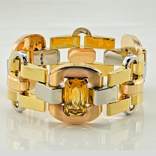 Late Art Deco Italian 23.70ct Citrine and Tri Gold Tank Bracelet by Illario, Circa 1930