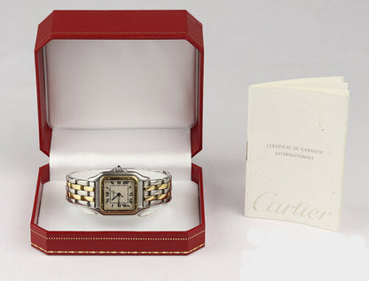 Cartier Panthere Midsize Steel and Gold Quartz 27mm Watch, Ref 1100, white dial, Roman numerals, blue steel hands, quick-set date indicator, sapphire crystal, sapphire cabochon crown, steel and gold bracelet, with Cartier papers