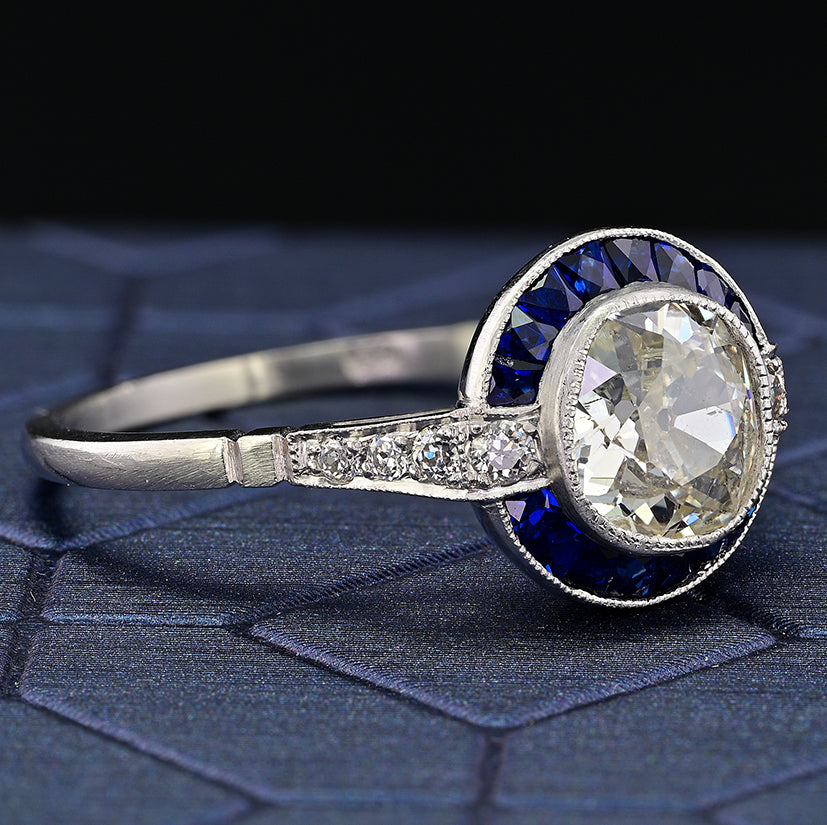 1.10ct Old Mine Cut Diamond and Sapphire Target Engagement Ring in Platinum