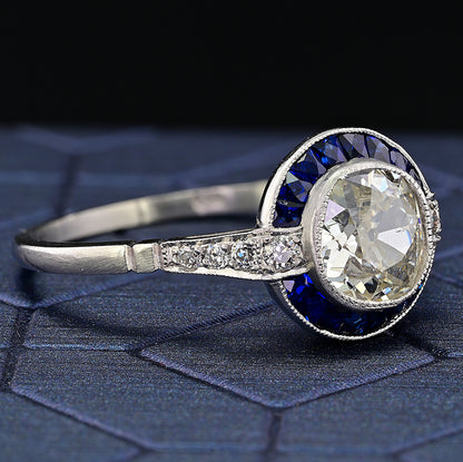 1.10ct Old Mine Cut Diamond and Sapphire Target Engagement Ring in Platinum