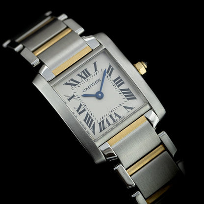 Vintage Ladies Cartier Tank Francaise 2384 Steel and Gold Quartz Watch with Box and Papers and Cartier Warranty, Circa 1999