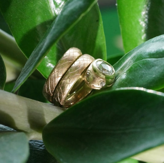 Antique 18ct Yellow Gold Coiled Snake Ring with 1.90ct Rose Cut Diamond Head and Old Cut Diamond Eyes