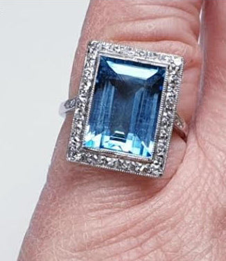 Art Deco 7ct Santa Maria Aquamarine and Diamond Cluster Dress Ring in Platinum