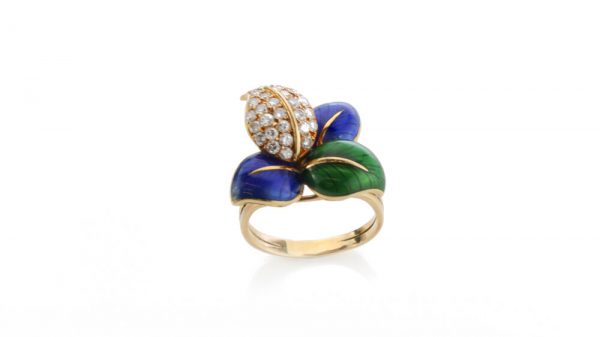 Faraone Blue and Green Enamel and Diamond set Ring and Earring Suite