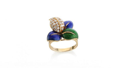 Faraone Blue and Green Enamel and Diamond set Ring and Earring Suite