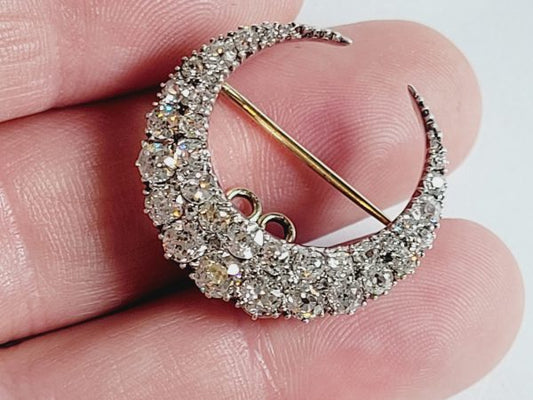 Antique Victorian Old Cut Diamond Crescent Brooch, 4 carats